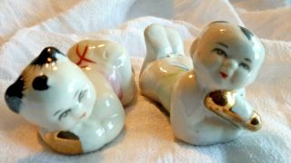 Japanese Baby Boy Girl Vintage Porcelain Figurine Asian Omutsu Diapers Pink Blue