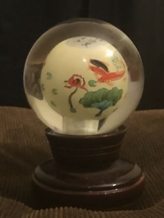 Vintage Reverse Hand Painted Glass Globe Ball Mandarin Koi Signed 2 1/2 