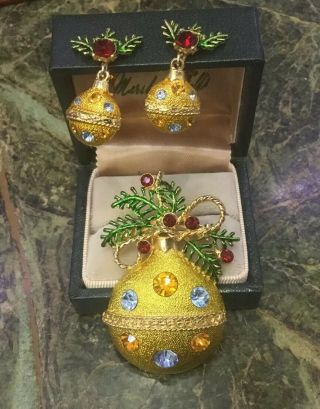 Vtg Rhinestone Christmas Tree Ornament Pin Brooch Earrings Set Unsigned Weiss???