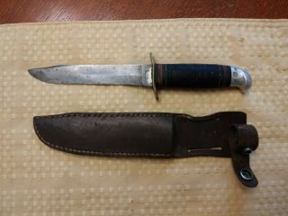 Vintage Western Bowie Knife With Brown Leather Sheath