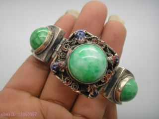 Old Tibet Silver Handmade Inlay Natural Green Jade Bead Bracelet