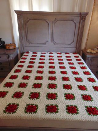 Vintage Handcrafted Crochet Red Roses Afghan 75 " X 94 " Twin Or Throw Decor