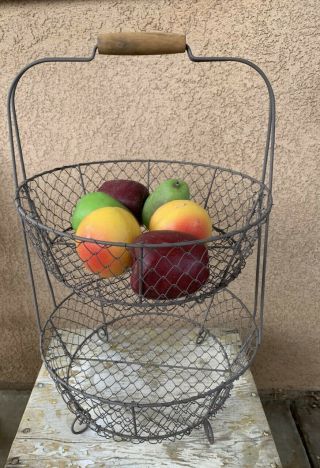 Vintage French Standalone Wire Two Tiered Fruit Veggie Basket W/ Legs & Handle