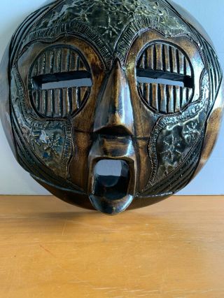 Vintage 1ft Circular Wooden Mask With Metal On It.  Unique Design