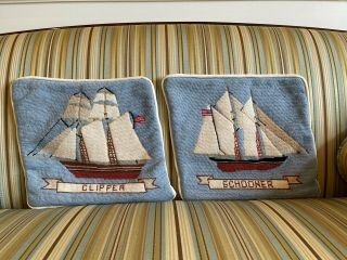 Vintage Needlepoint Pillow Covers - Clipper And Schooner Nautical - Euc
