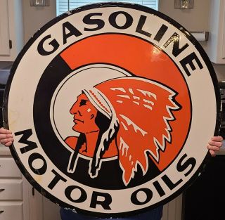 Porcelain Red Indian Gasoline Motor Oil Sign Size 36 " Round Double Sided