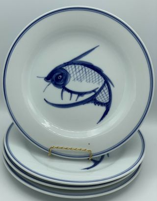 Chinese Blue And White Koi Fish Ceramic Dinner Plates Set Of 4 Euc