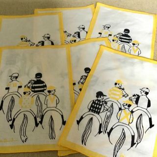 6 Vintage Cocktail Napkins Horse Race Jockeys,  Graphic Yellow And Black,  Signed