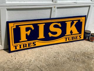 " Fisk Tires " Large,  Heavy Embossed Metal Advertising Sign (dated 1946) 48 " X 16 "