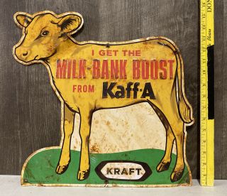 Vintage Milk Bank Boost Kraft Embossed Metal Sign Cow Milk Cheese Dairy Gas Oil