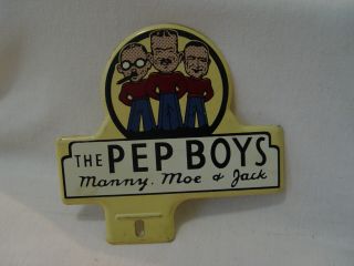 Vintage Pep Boys Auto Parts Manny Moe & Jack Stamped Metal License Plate Topper