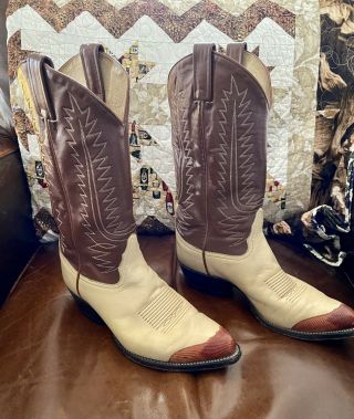 Vintage Mens Tony Lama Bone/brown Wingtip Leather Cowboy Boots 8 1/2 D