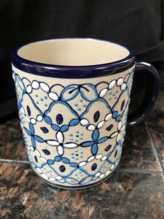 Gorgeous Javier Servin Mexico Hand Painted Ceramic Mug.  Blue Colors.