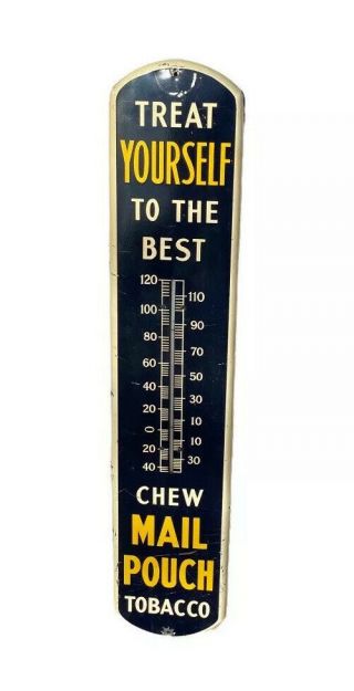 Vintage 1930s Mail Pouch Chew Tobacco Advertising Thermometer - 39 " Tall