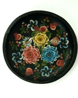Vintage Hand Painted Mexican Folk Art Wood Wall Hanging Plate Black Red Flowers