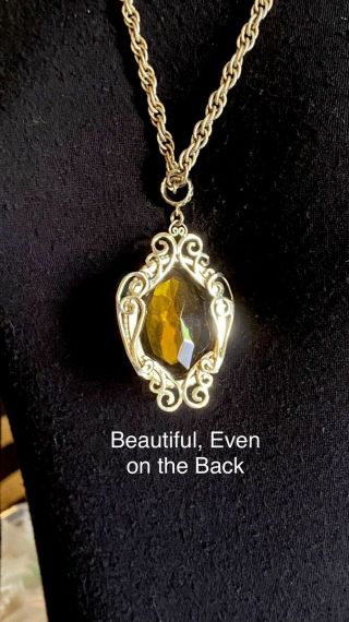 Vintage WHITING and DAVIS Large Topaz Glass Pendant Necklace on Heavy Gold Chain 3