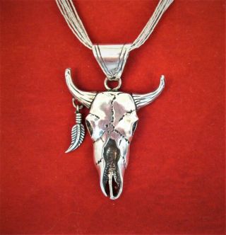 Vintage Southwestern Sterling Silver Longhorn Steer Cow Skull Necklace Pendant