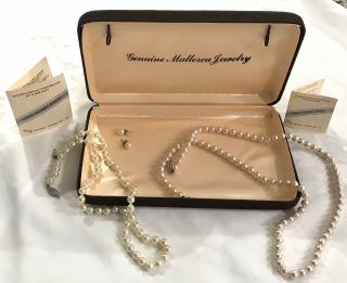 Vintage Mallorca 24 " & 18 " Necklace,  14k Pearl Stud Set