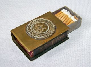 Antique Wwi Brass Gott Mit Uns Match Box Cover W/vulcan Tidaholm Safety Matches