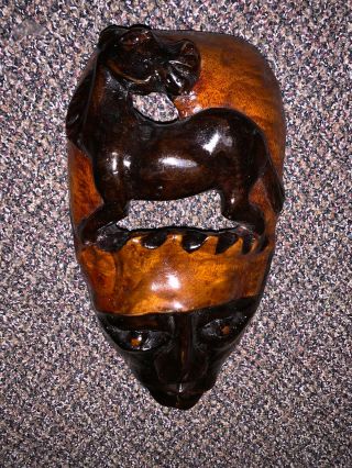 Hand Carved Wooden African Mask Tribal Folk Art - Woman’s Face With Horse