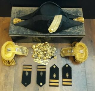 Us Navy Wwi Lieutenant Bicorn Hat Epaulets Shoulder Boards Buttons Tin Box