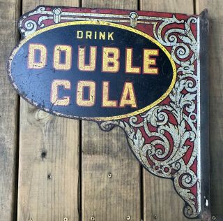 Early Vintage - Drink Double Cola - Double Sided Flange Metal Soda Sign