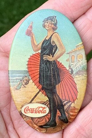 Rare Vintage 1900s Coca Cola Coke Celluloid Advertising Pocket Mirror - Girl Beach