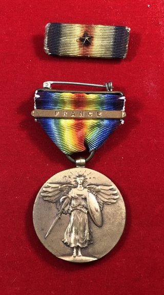 Ww1 Us Victory Medal Badge & Ribbon Rainbow 1 Campaign Star France Station Bar