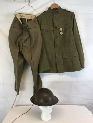 World War 1 Us Army Wool Uniform Tunic,  Medal,  Pants And Brodie Helmet