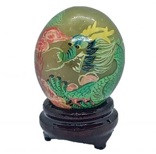 Hand Painted Chinese Green Jade Or Stone Egg On Display Stand Asian Artwork