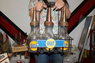 Vintage Gulf Motor Oil Metal Gas Station Carrier Sign W/glass 6 Jars Bottles Can