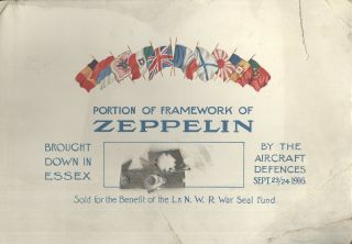 1916 Wwi Souvenir Placard,  Metal Piece Of German Zeppelin Shot Down In Essex