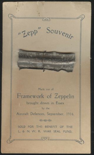 1916 Wwi Souvenir Card,  Metal Piece Of German Zeppelin Shot Down In Essex