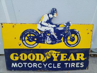 Vintage Goodyear Tires Double Sided Flange Porcelain Sign Automotive Gas