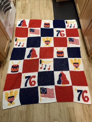 Vtg 1976 Bicentennial Handmade Crochet Afghan Blanket Throw 60” X 45” Americana