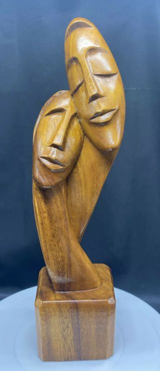 Vintage Mcm Wood Sculpture Couple Man Woman Bust Mid Century 15 1/2” H X 4” W
