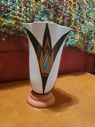 Desert Pueblo Hand Painted Stoneware Pottery Grey Feather Signed Vase Vintage