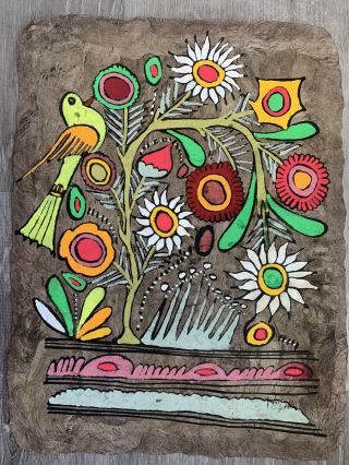 Vintage Mexican Amate Bark Painting Hand Painted Folk Art Bird And Flowers