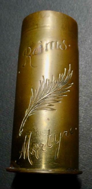 Wwi Military Trench Art 37 - 85 Brass Shell Hand Engraved Reims Martyre