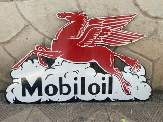 Vintage " Mobil Oil Pegasus " Left Side Facing Porcelain Enamel Sign 24 " X42 "