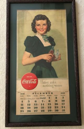 Vintage,  1939 Coca - Cola Calendar W/ Complete Month Pad,  Framed,  Ex