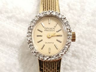 Vintage Gruen Precision Gold Plate Quartz Watch Diamonds Bezel Italy Women 