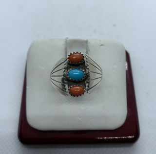 Vintage Sterling Silver Coral And Turquoise Navajo Made Ring Size 8.  75