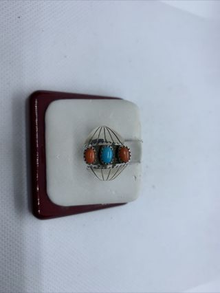 Vintage Sterling Silver Coral And Turquoise Navajo Made Ring Size 8.  75 2