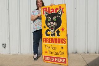 Large Vintage Black Cat Fireworks Firecracker 4th Of July Gas Oil 48 " Metal Sign