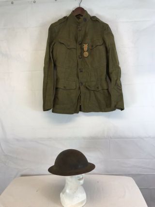 World War 1 Us Army 29th Inf Div.  Wool Uniform Tunic Medal An Early Brodie Helmet