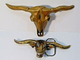 2 Vintage Longhorn Steer Bull Cattle Belt Buckles Brass Western Cowboy Americana