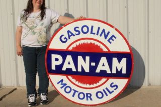 Huge Pan - Am Gasoline Motor Oil Gas Station 2 Sided 42 " Porcelain Metal Sign