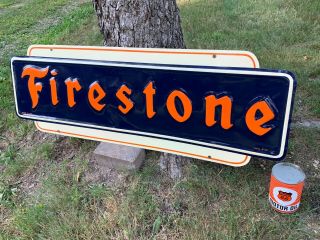 " Firestone " X - Large Heavy Embossed Metal Sign (dated 1947) 48 " X 16 ",  Sign
