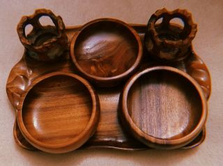 Dark Wood Hawaiian Monkey Pod Tray,  Bowls,  And Candles (set Of 6)